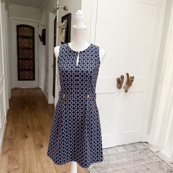 Tabitha Anthropologie Womens Navy Geometric A Line Mini Dress Size 4 Retro Chic - Picture 3 of 15